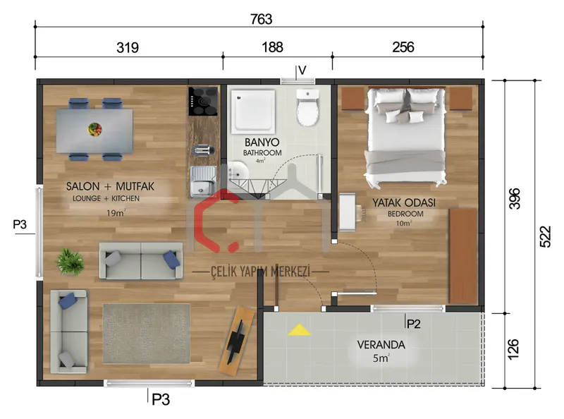 40 m² tek katlı prefabrik ev kat planı