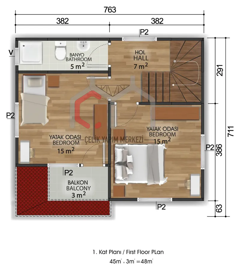 100 m² çift katlı prefabrik ev 1. kat planı