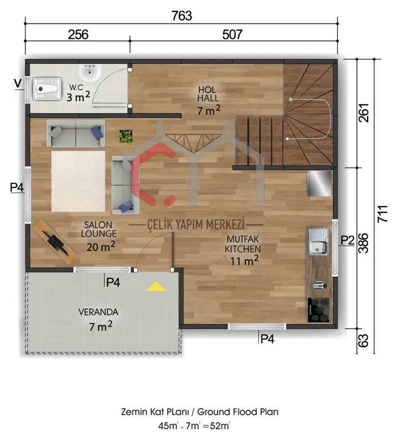 100 m² çift katlı prefabrik ev zemin kat planı