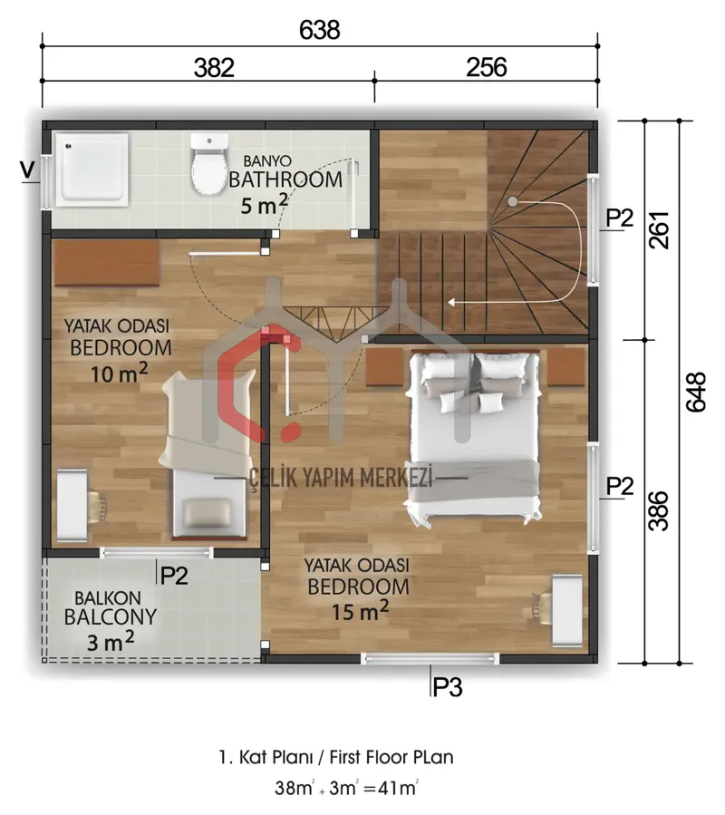 82 m² çift katlı prefabrik ev 1. kat planı
