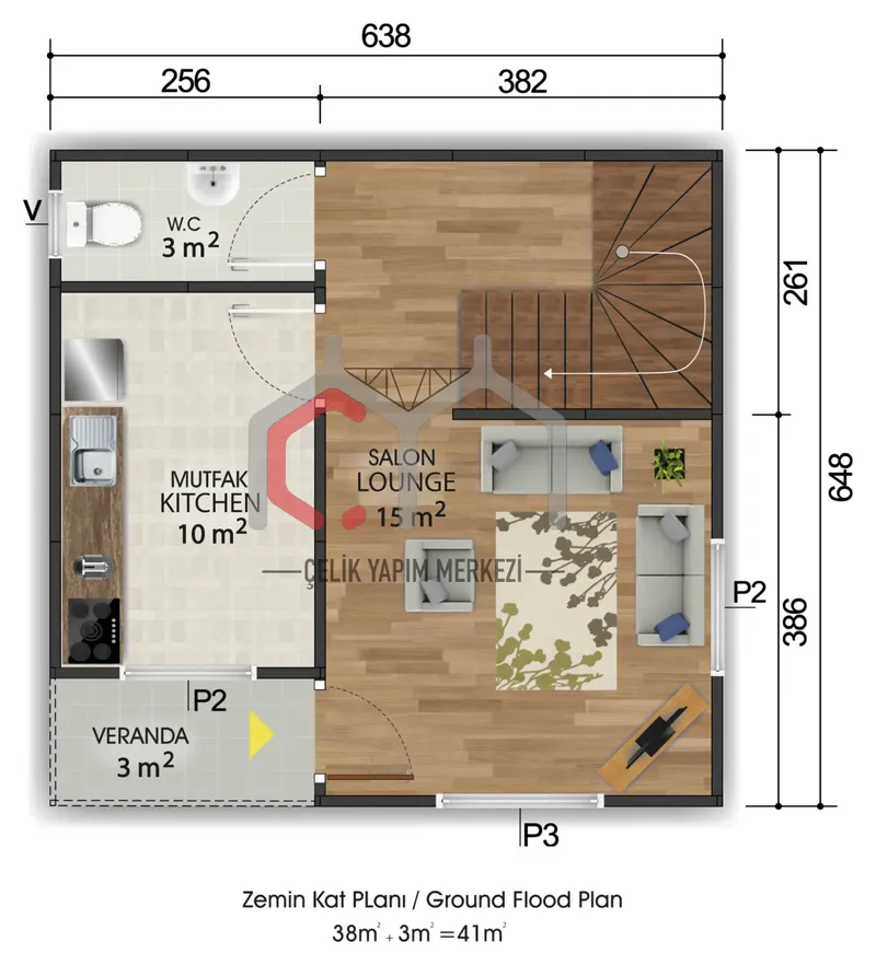 82 m² çift katlı prefabrik ev zemin kat planı