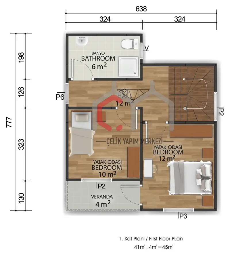 92 m² çift katlı prefabrik ev 1. kat planı