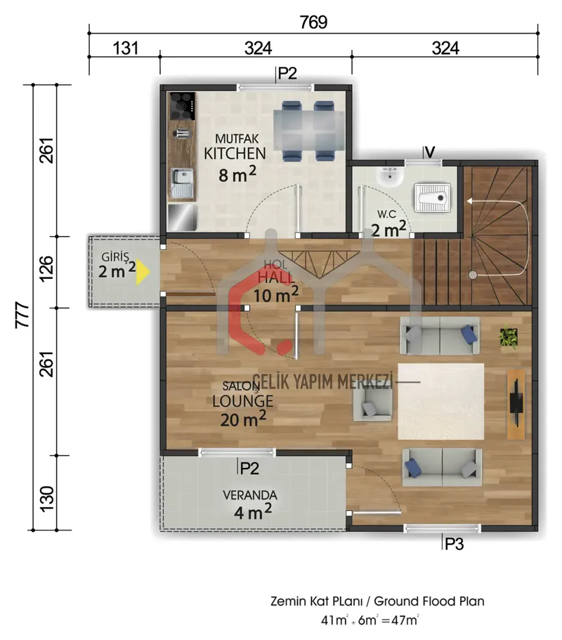 92 m² çift katlı prefabrik ev zemin kat planı