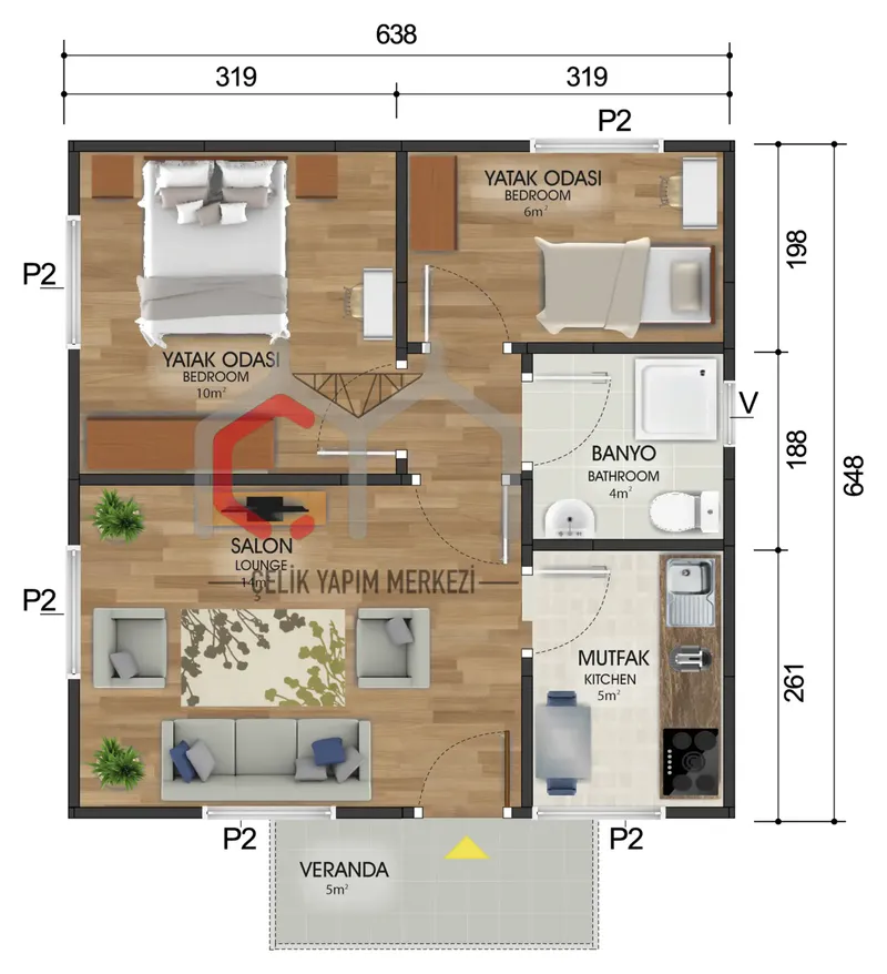 45 m² tek katlı prefabrik ev kat planı
