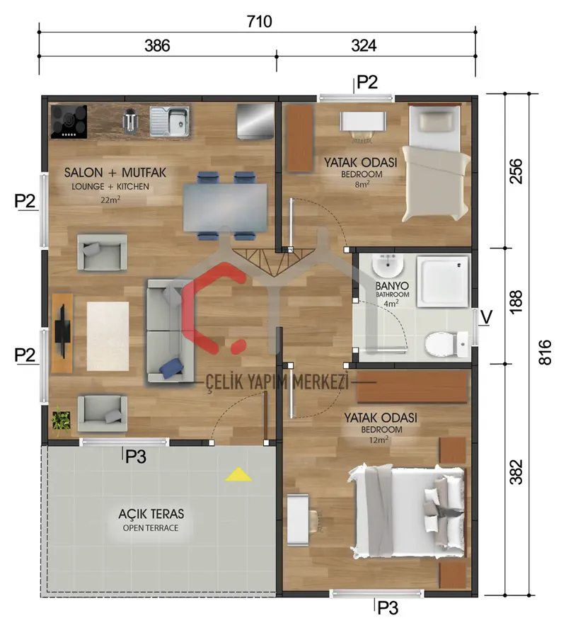 49 m² tek katlı prefabrik ev kat planı