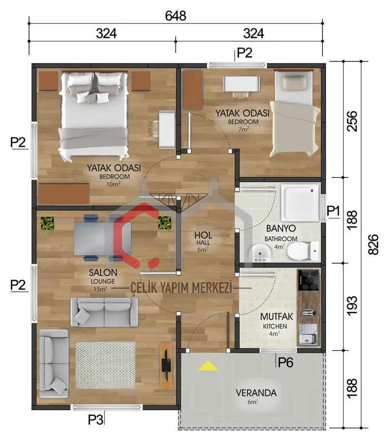 53 m² tek katlı prefabrik ev kat planı