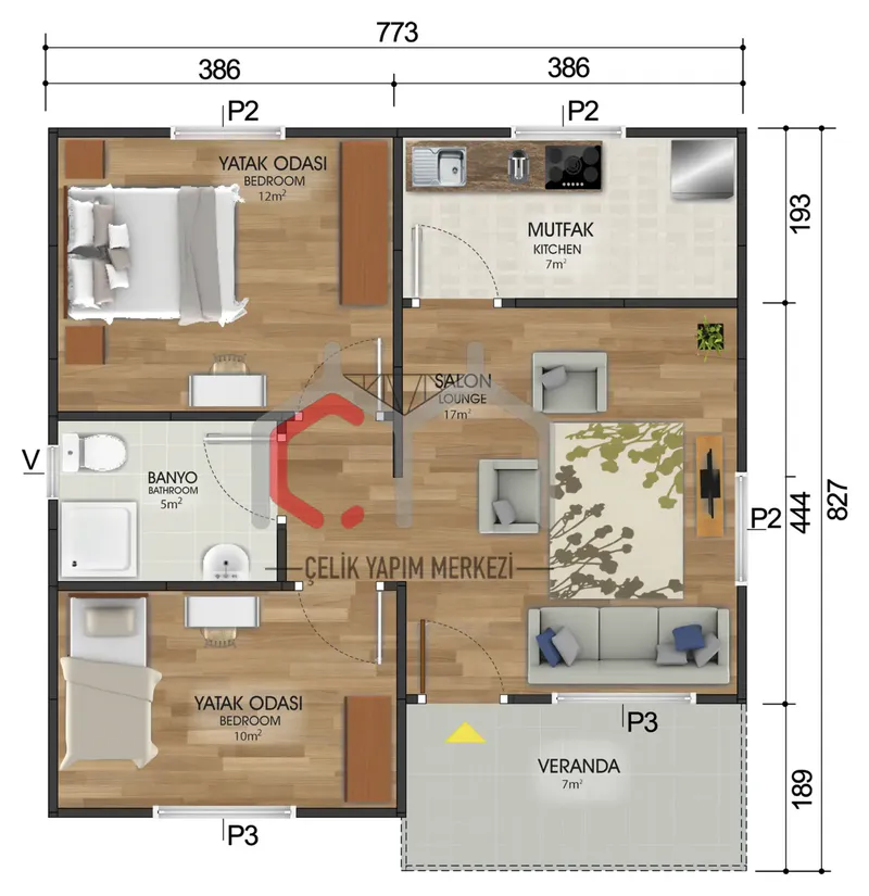 62 m² tek katlı prefabrik ev kat planı