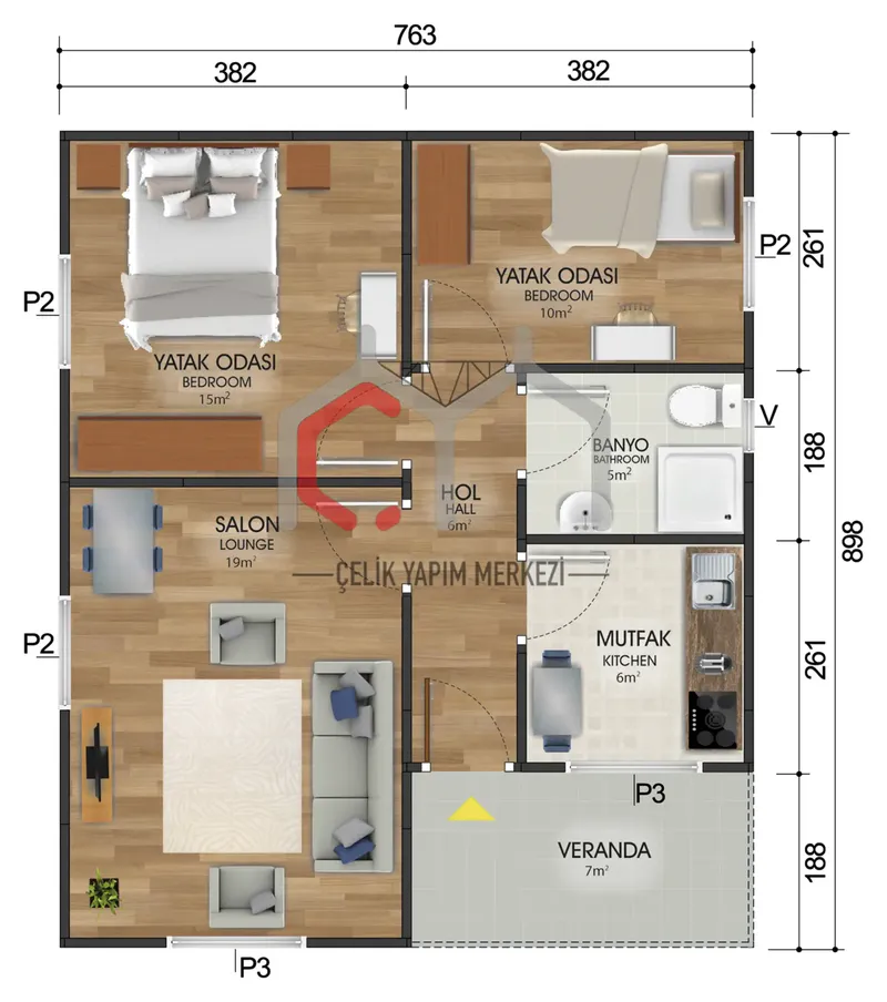 68 m² tek katlı prefabrik ev kat planı