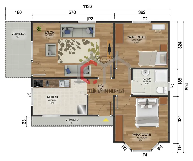 81 m² tek katlı prefabrik ev kat planı