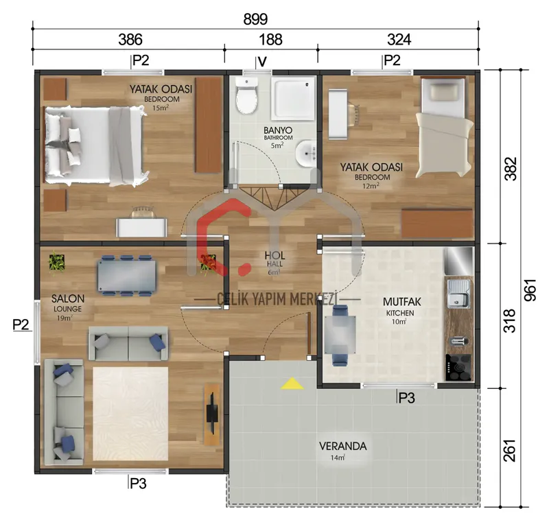 84 m² tek katlı prefabrik ev kat planı
