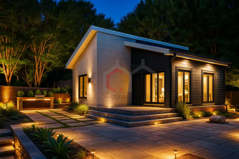 49 m² tek katlı prefabrik villa gece görünümü