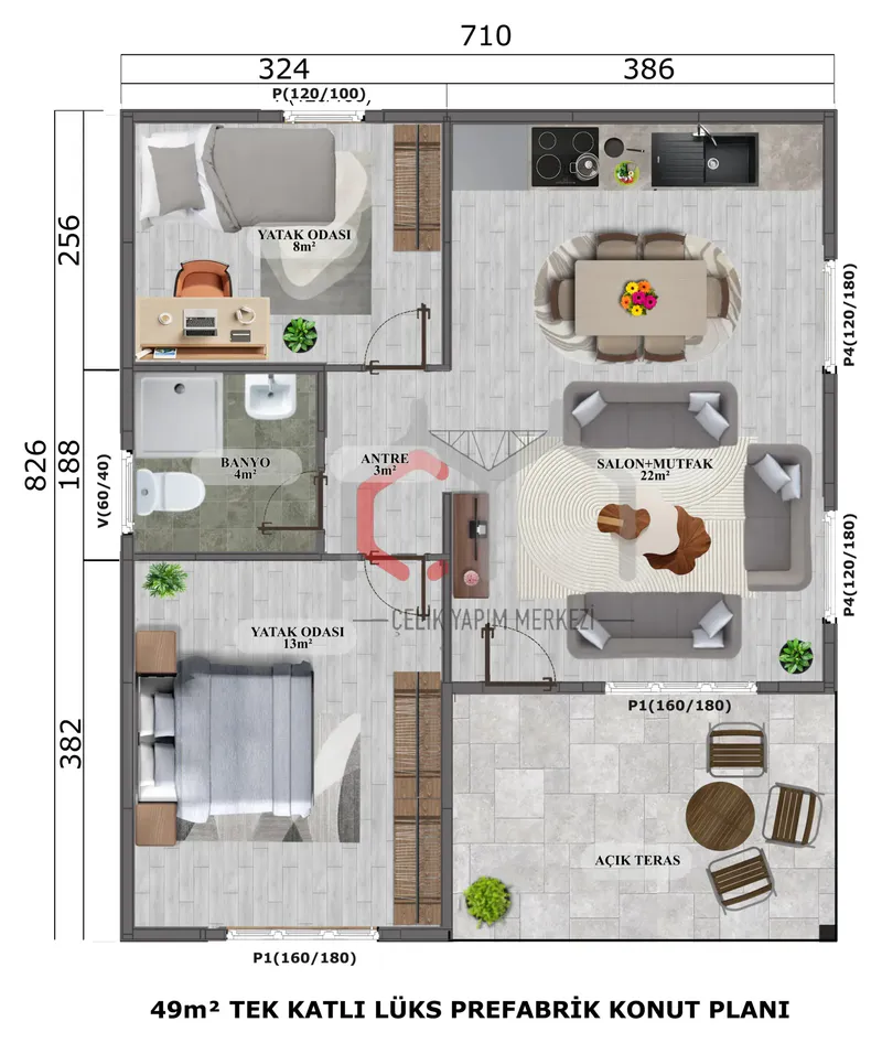 49 m² tek katlı prefabrik villa kat planı