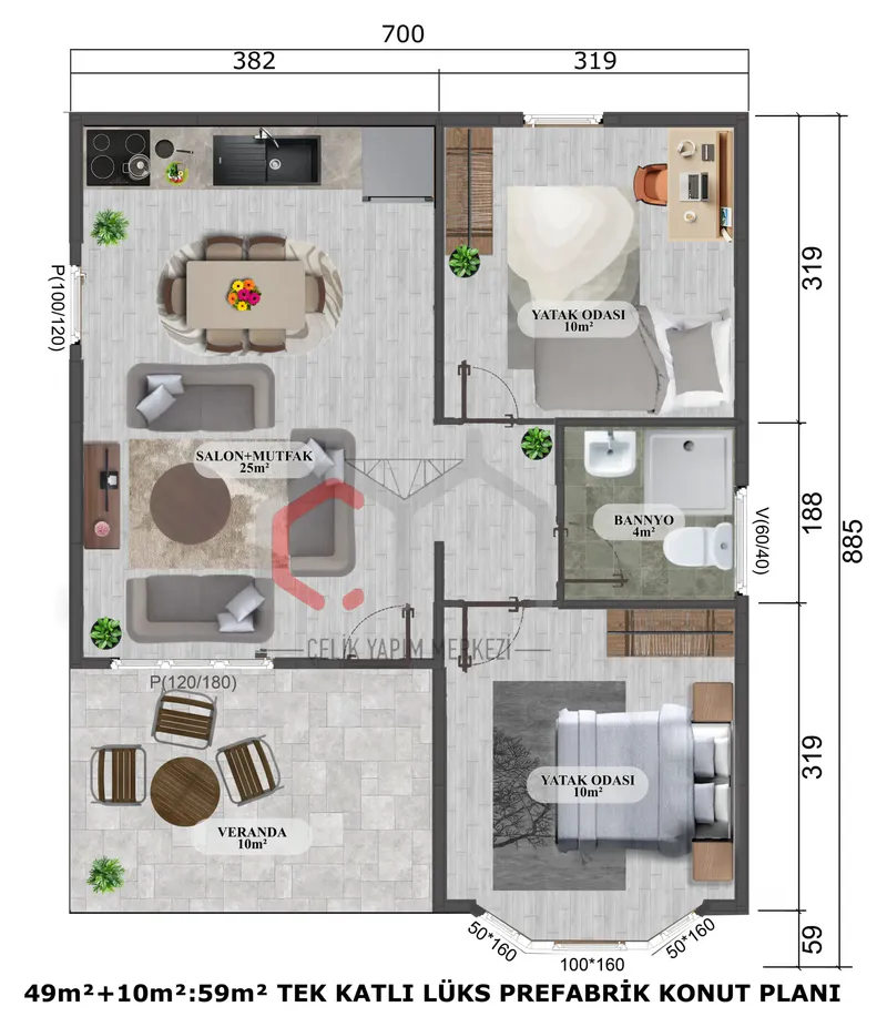 59 m² tek katlı prefabrik villa kat planı