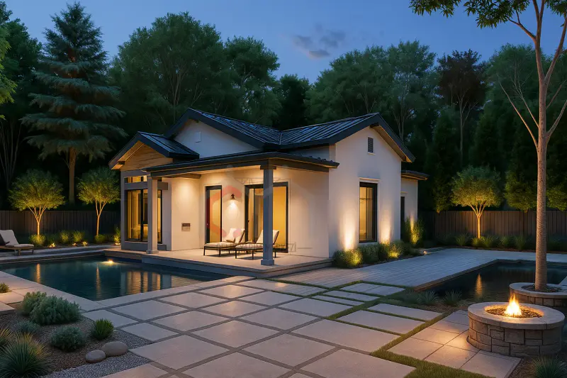 85 m² tek katlı prefabrik villa gece görünümü
