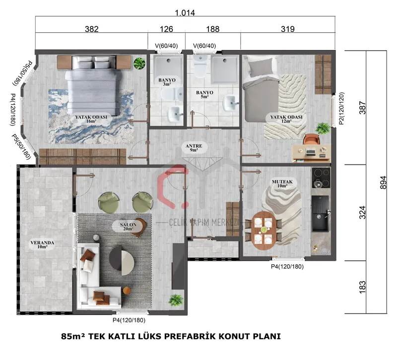 85 m² tek katlı prefabrik villa kat planı