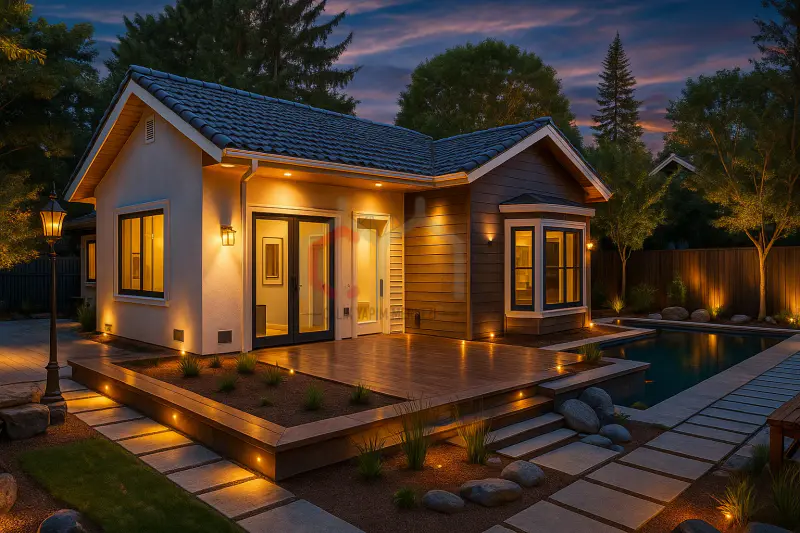 89 m² tek katlı prefabrik villa gece görünümü