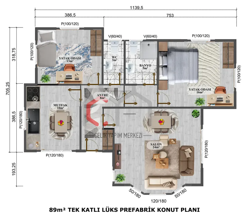 89 m² tek katlı prefabrik villa kat planı