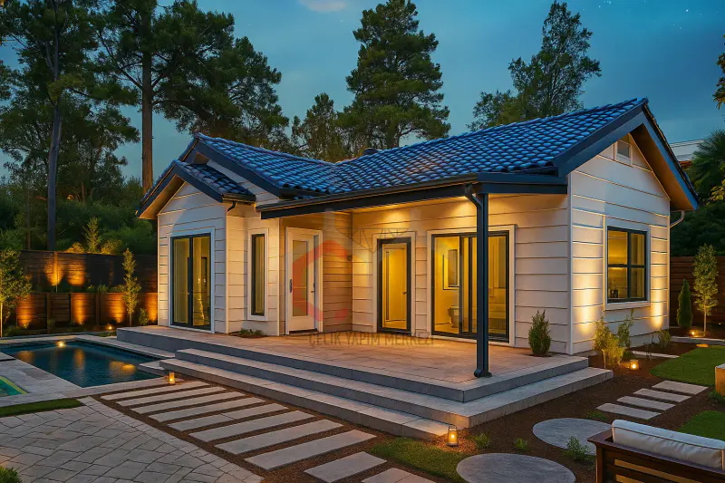 98 m² tek katlı prefabrik villa gece görünümü