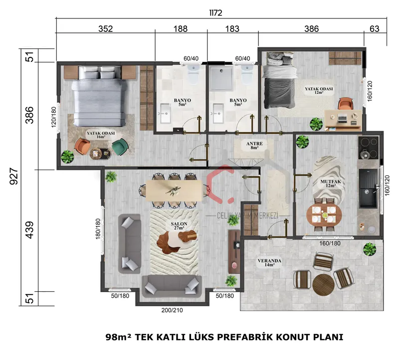 98 m² tek katlı prefabrik villa kat planı