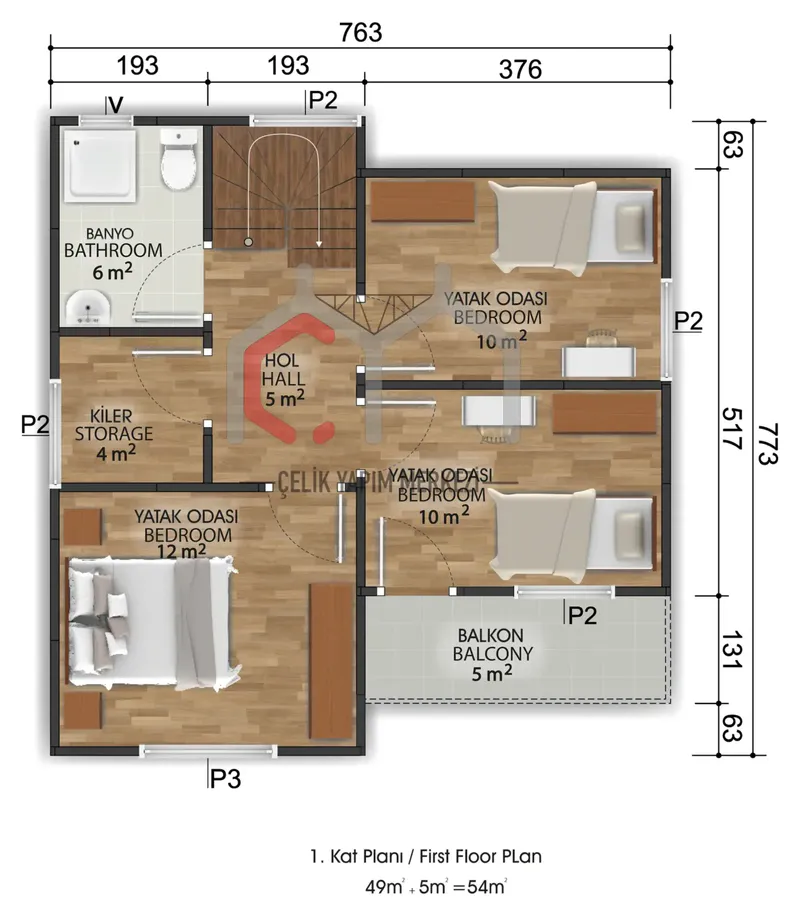 105 m² çift katlı prefabrik ev 1. kat planı
