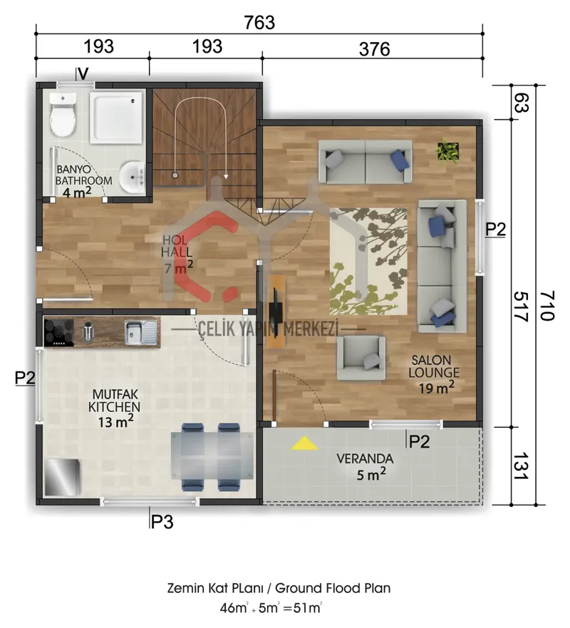 105 m² çift katlı prefabrik ev zemin kat planı