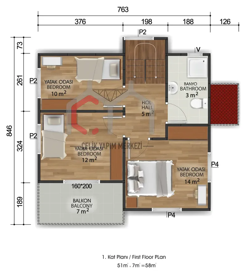 118 m² çift katlı prefabrik ev 1. kat planı