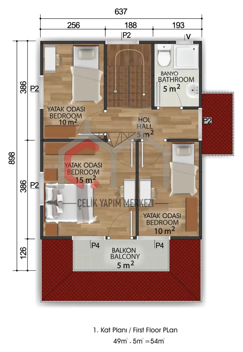 120 m² çift katlı prefabrik ev 1. kat planı