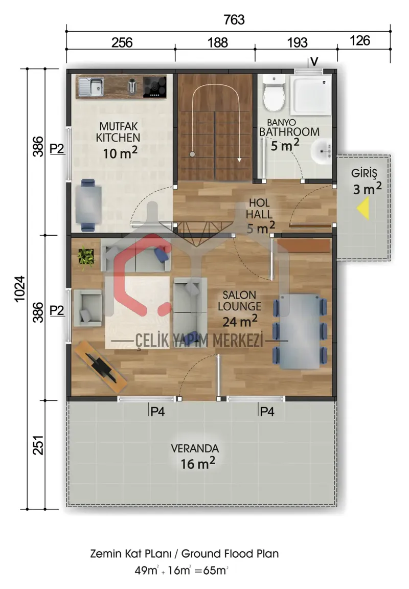 120 m² çift katlı prefabrik ev zemin kat planı