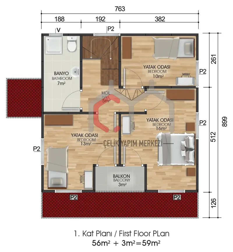 131 m² çift katlı prefabrik ev 1. kat planı