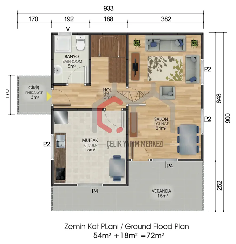 131 m² çift katlı prefabrik ev zemin kat planı
