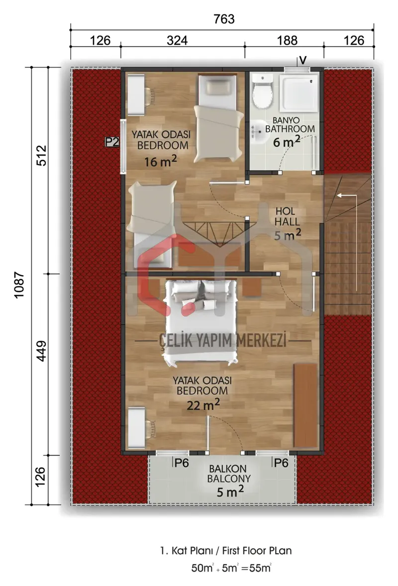 134 m² çift katlı prefabrik ev 1. kat planı