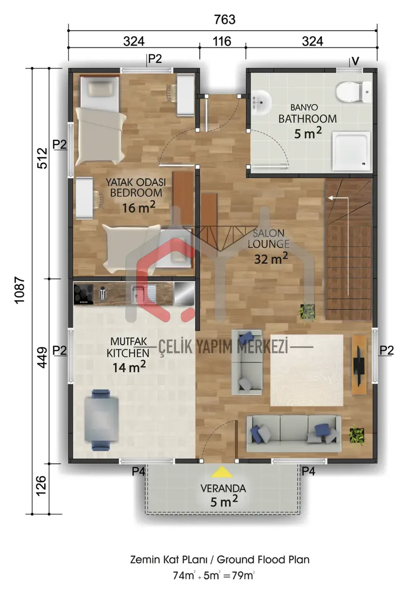 134 m² çift katlı prefabrik ev zemin kat planı