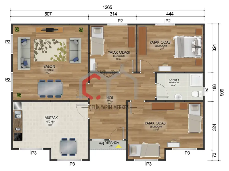 110 m² tek katlı prefabrik ev kat planı