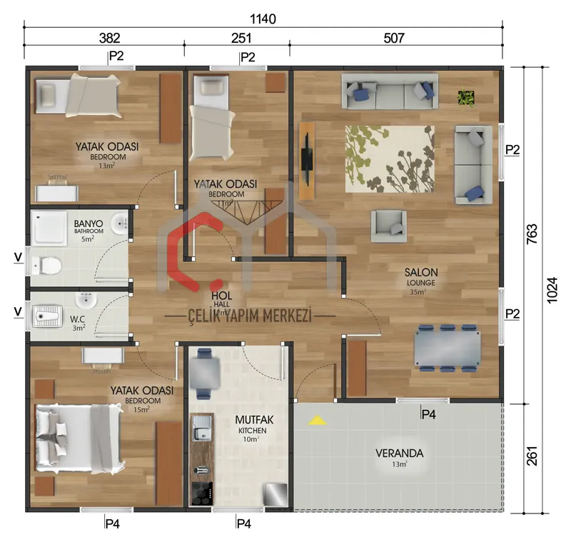 117 m² tek katlı prefabrik ev kat planı