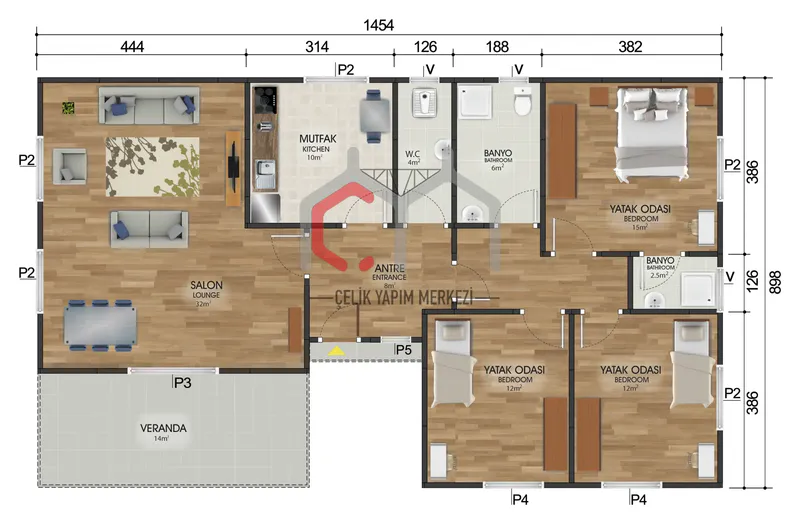 123 m² tek katlı prefabrik ev kat planı