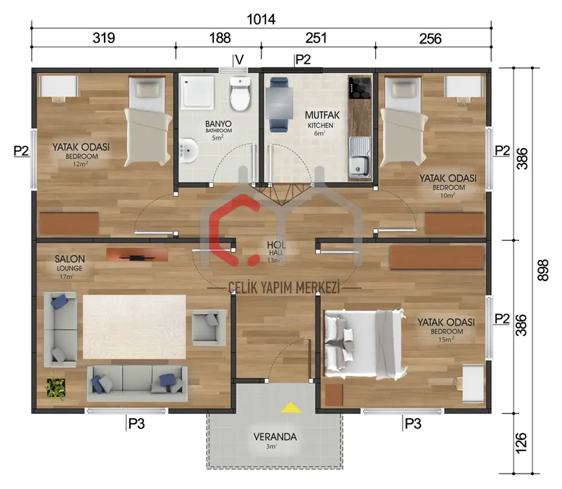 82 m² tek katlı prefabrik ev kat planı
