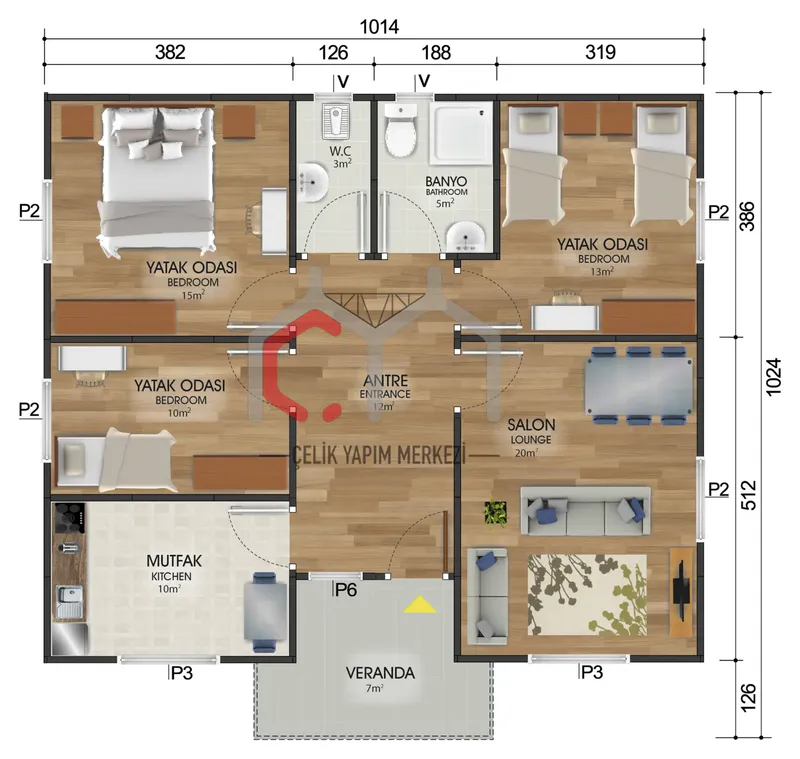 96 m² tek katlı prefabrik ev kat planı