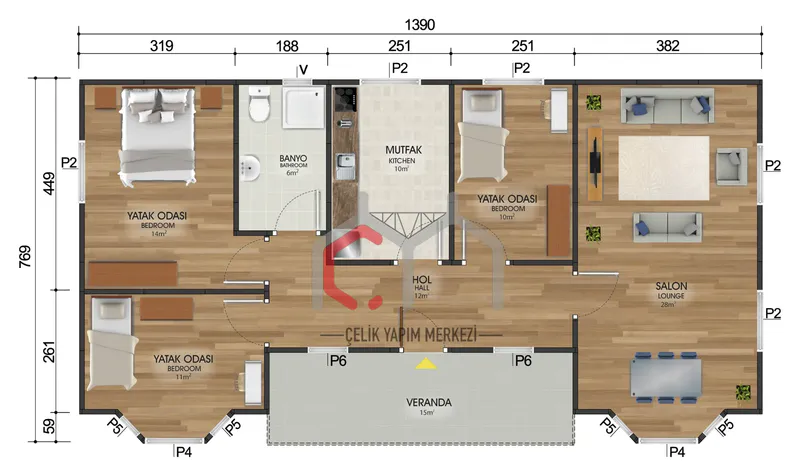 98 m² tek katlı prefabrik ev kat planı