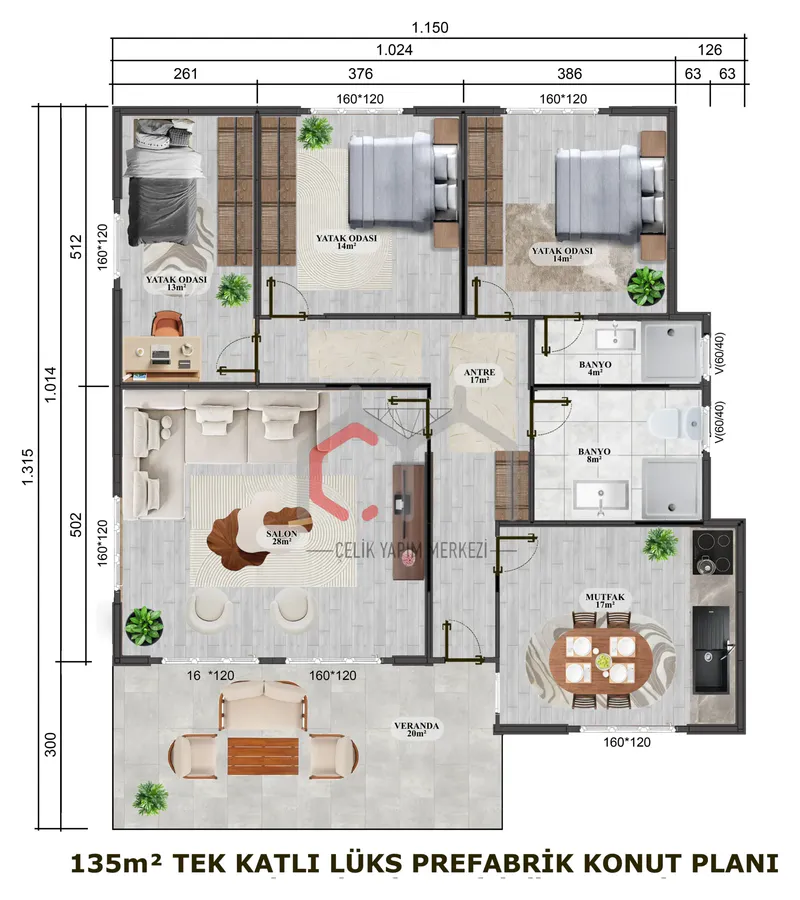 135 m² tek katlı prefabrik villa kat planı