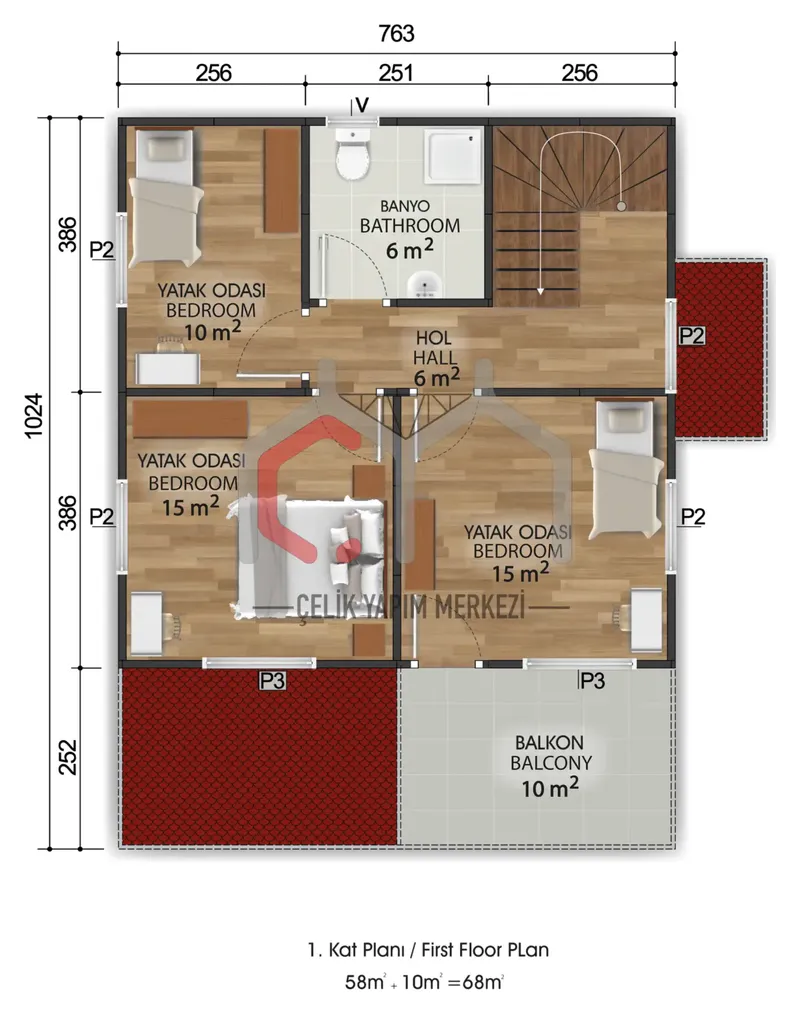 149 m² çift katlı prefabrik ev 1. kat planı