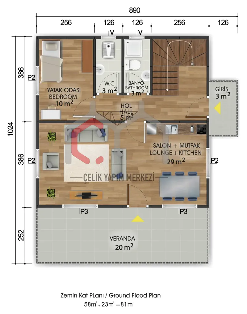 149 m² çift katlı prefabrik ev zemin kat planı