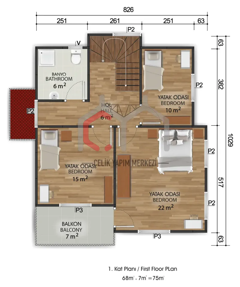 150 m² çift katlı prefabrik ev 1. kat planı
