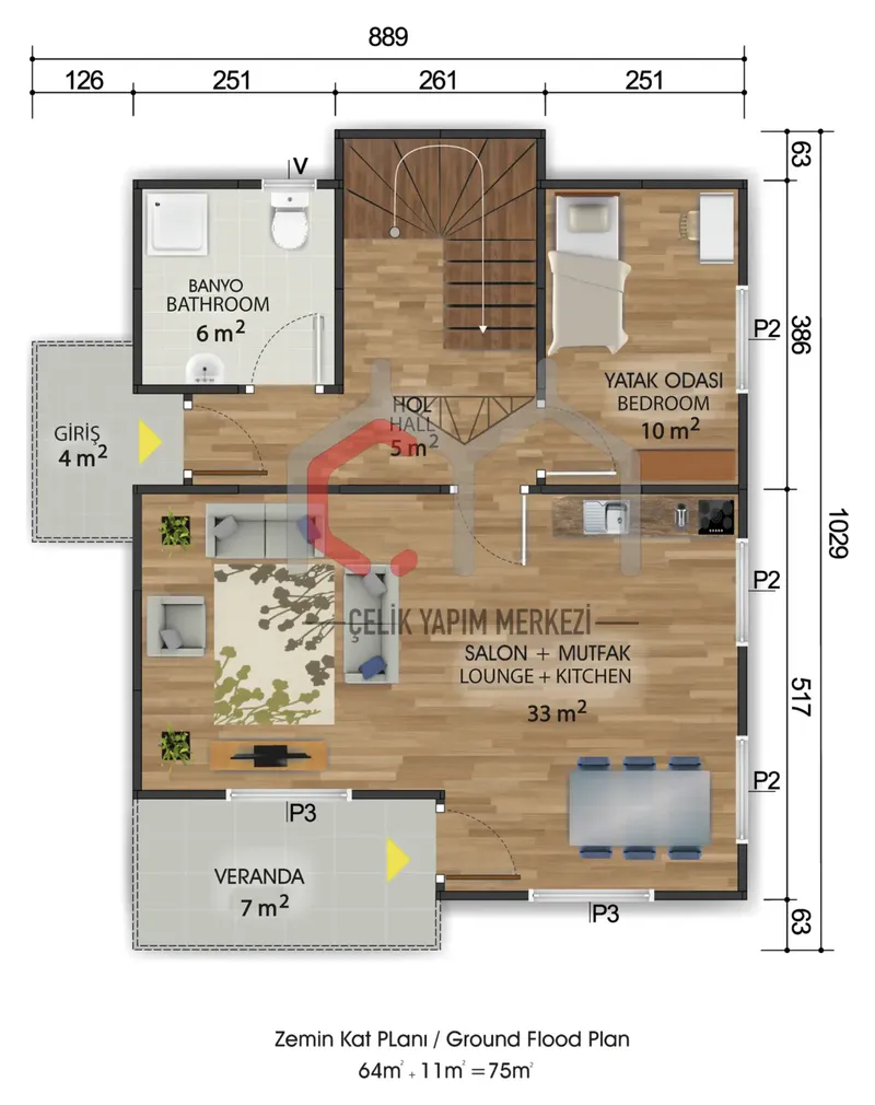 150 m² çift katlı prefabrik ev zemin kat planı