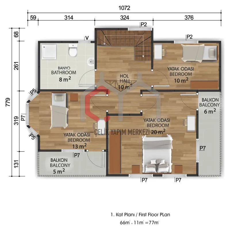 155 m² çift katlı prefabrik ev 1. kat planı