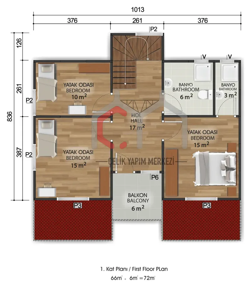 158 m² çift katlı prefabrik ev 1. kat planı