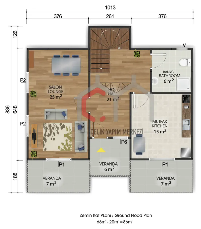 158 m² çift katlı prefabrik ev zemin kat planı