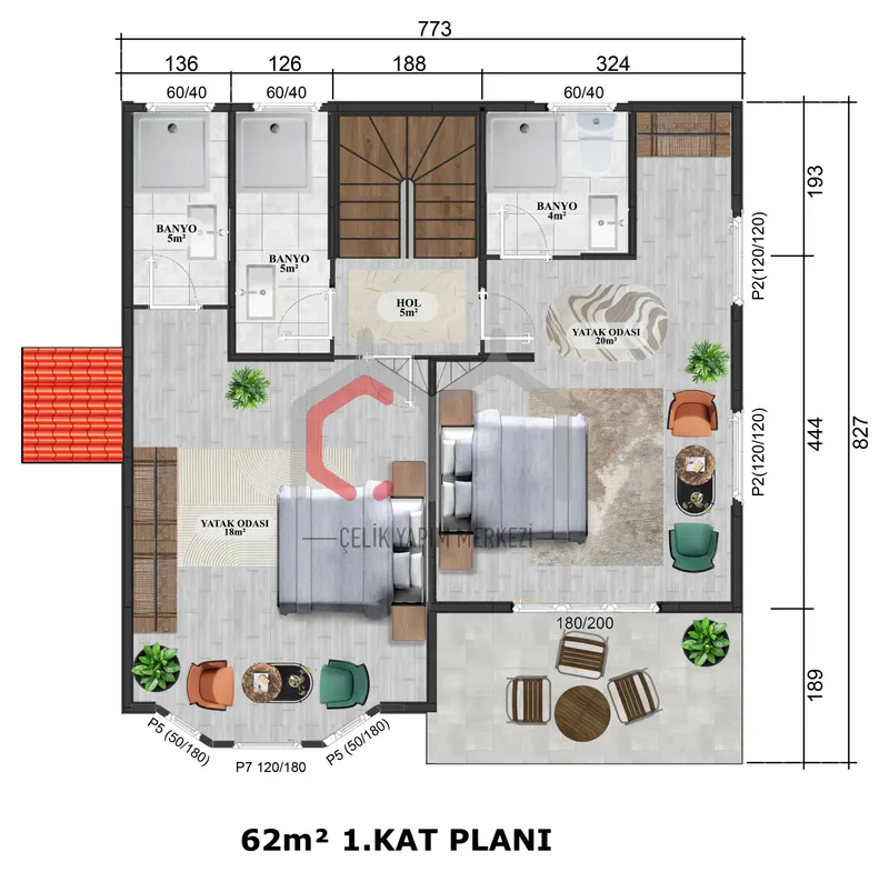 126 m² çift katlı prefabrik villa 1. kat planı