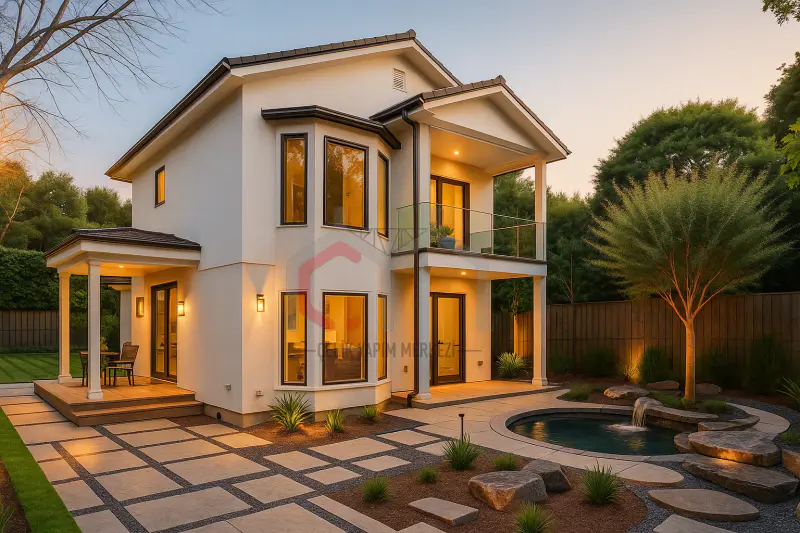 126 m² çift katlı prefabrik villa gece görünümü
