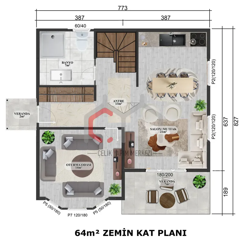 126 m² çift katlı prefabrik villa zemin kat planı