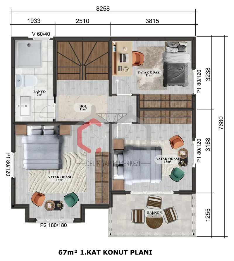 136 m² çift katlı prefabrik villa 1. kat planı